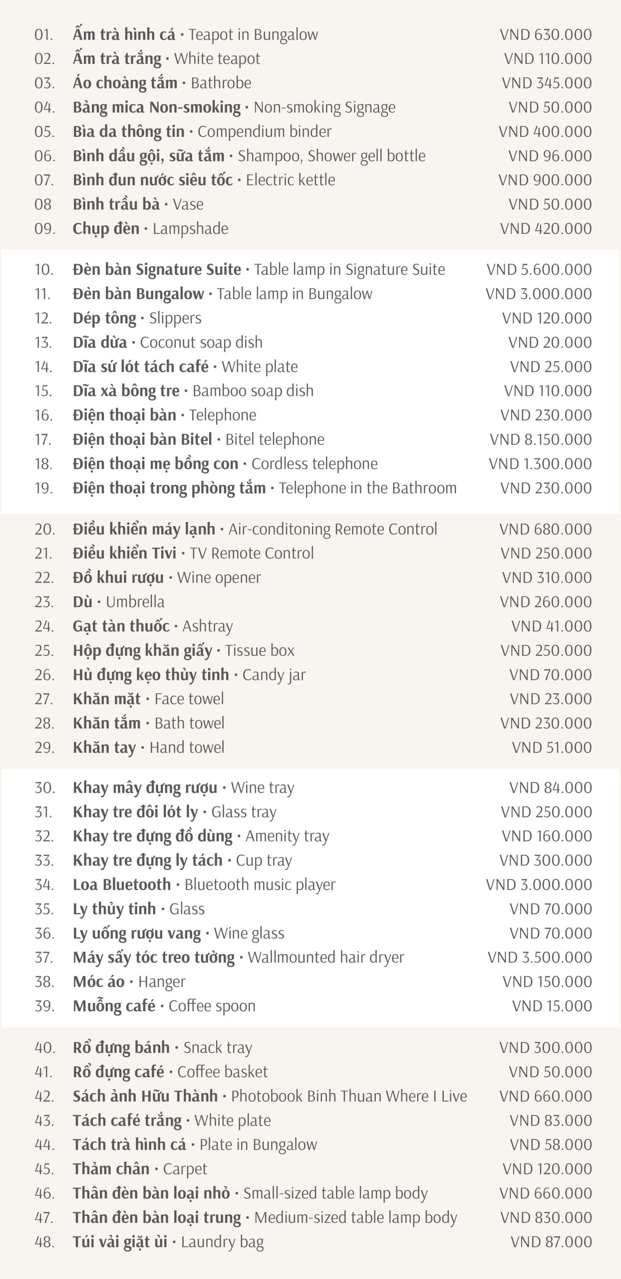 All in-room items, bảng giá các vật dụng và trang thiết bị trong phòng khách Pandanus Resort