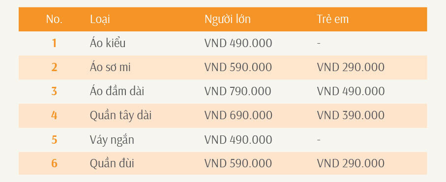 Bảng giá May mặc: Áo kiểu, Áo sơ mi, Áo đầm dài, Quần tây dài, Váy ngắn, Quần đùi