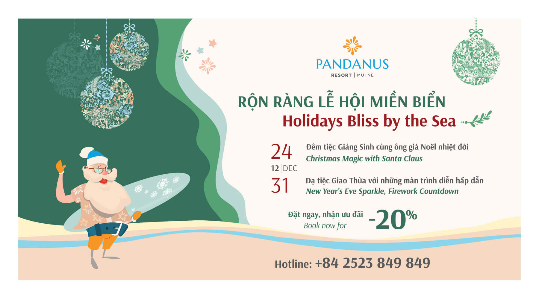 Đêm Giáng Sinh Miền Biển: Ưu đãi Early Bird: Giảm 20% cho đặt bàn trước ngày 15/12/2025. Christmas Eve by the Sea: Early Bird: 20% off for bookings from now until 15 December 2025