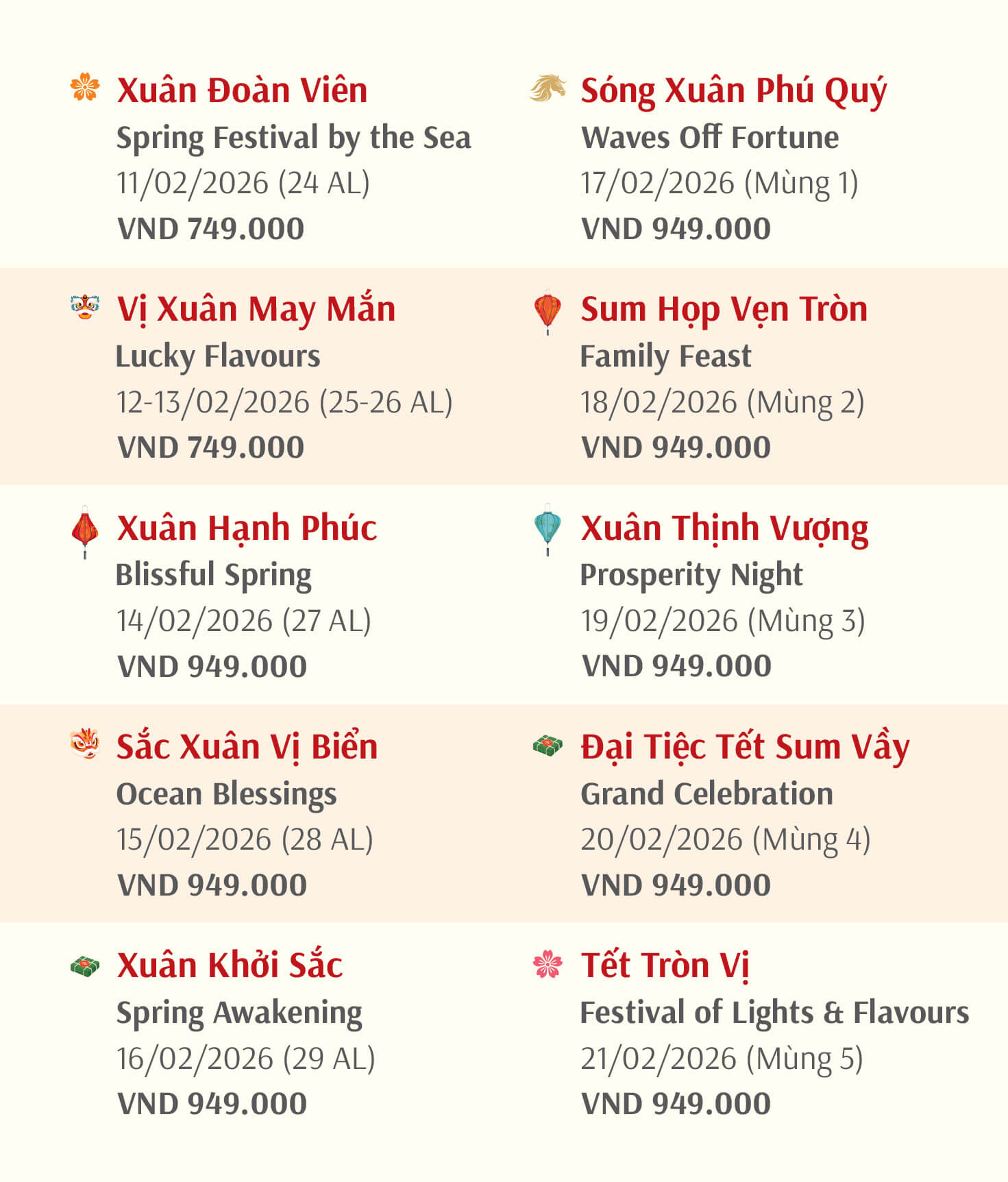 Pandanus chào xuân Bính Ngọ 2026 với Lễ Hội Khai Xuân ngày 10/02 và chuỗi trải nghiệm Tết Việt miền Biển từ 11–21/02. Celebrate Spring 2026 at Pandanus with the Spring Festival on February 10 and a journey through Tet by the Sea from February 11 to 21