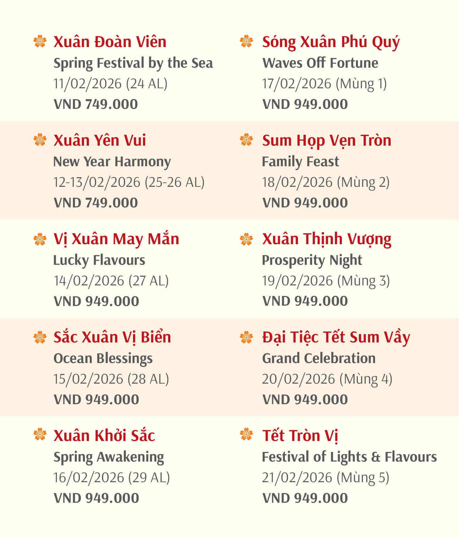 Tet holiday events and prices